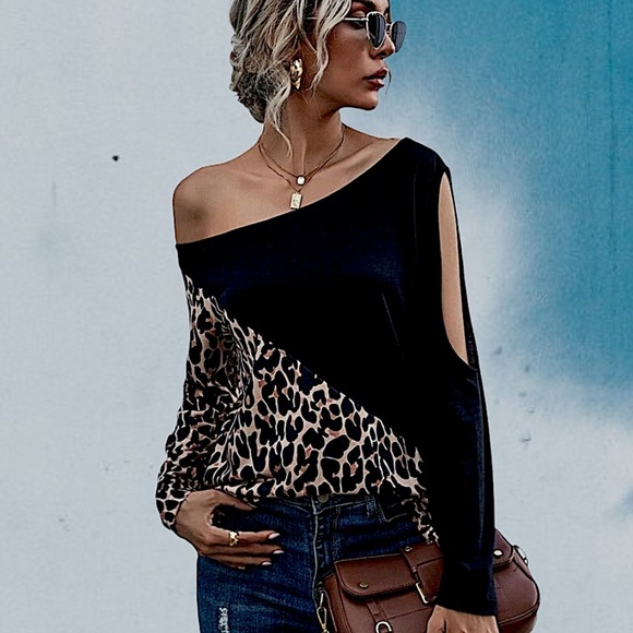 Asymmetric Leopard Color Block Long Sleeve Top - Picture 4 of 6